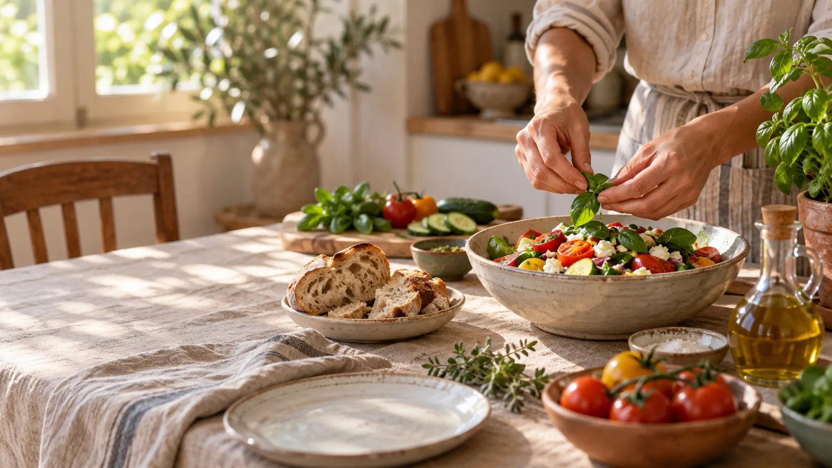 Priprema svježe sezonske salate za stolom